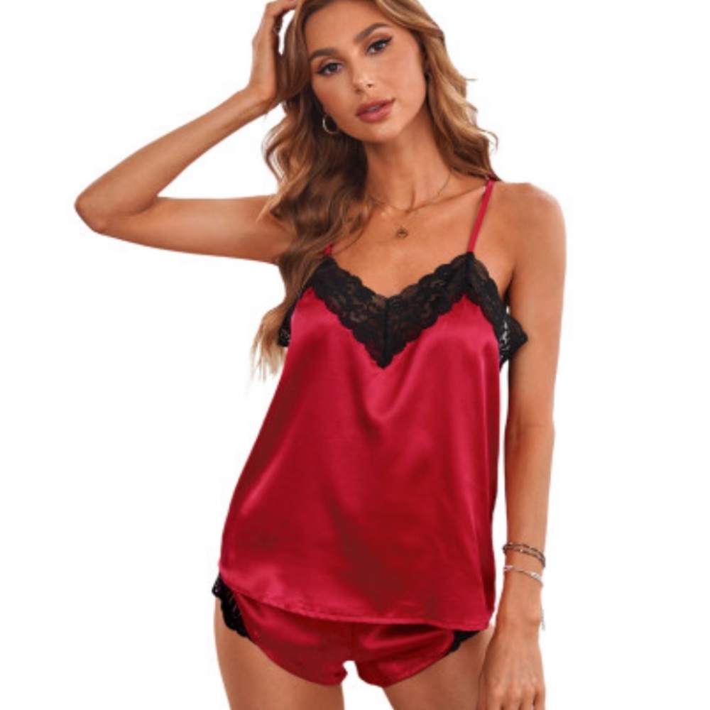 Satin pajama set matching tank top and shorts silky New red XXL